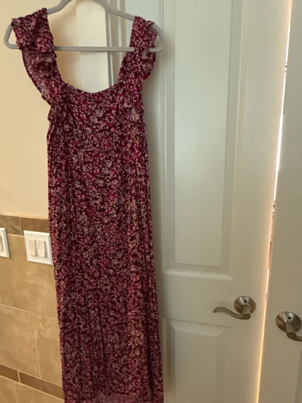 vestique Burgundy Floral Ruffle-Strap Maxi Dress